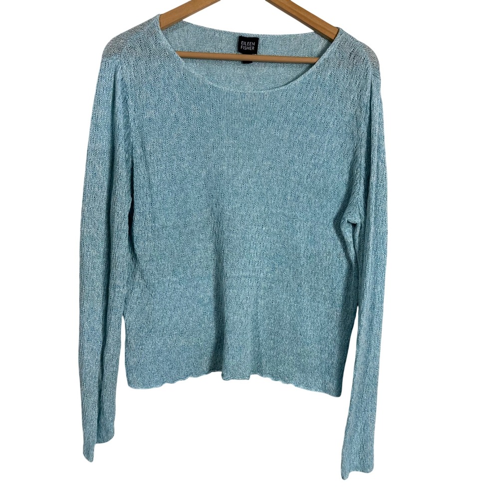 Eileen Fisher Light Blue Marled Knit Crew Neck Sweater Large linen boho natural